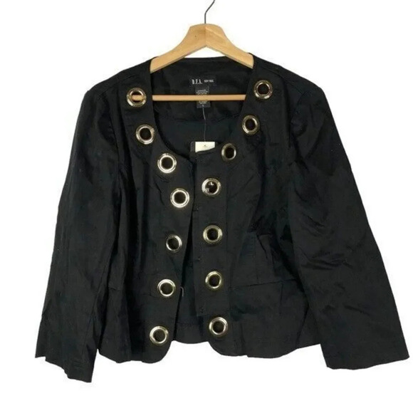 Donna Formal Black Gold Detail Open Front Blazer Jacket L - Picture 1 of 3